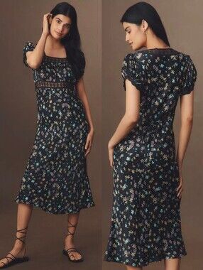 ANTHROPOLOGIE CONDITIONS APPLY Black Floral Aedon Short Sleeve Slip Midi Dress